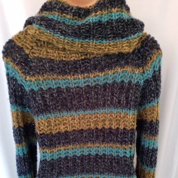 Gorgeous Cowl Neck Open Knit Chunky Sweater Turquoise Blue & Green W Gold Flecks - Picture 8 of 12